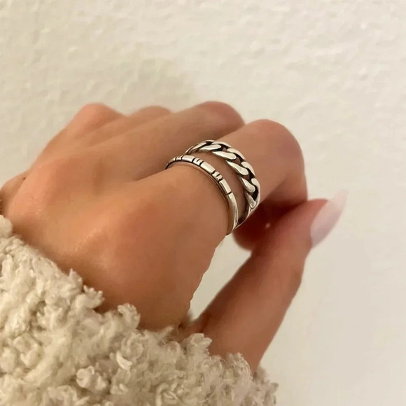 925 Sterling Silver Double Layer Minimalist Ring Dainty Chain Link Ring Band - Picture 3 of 6